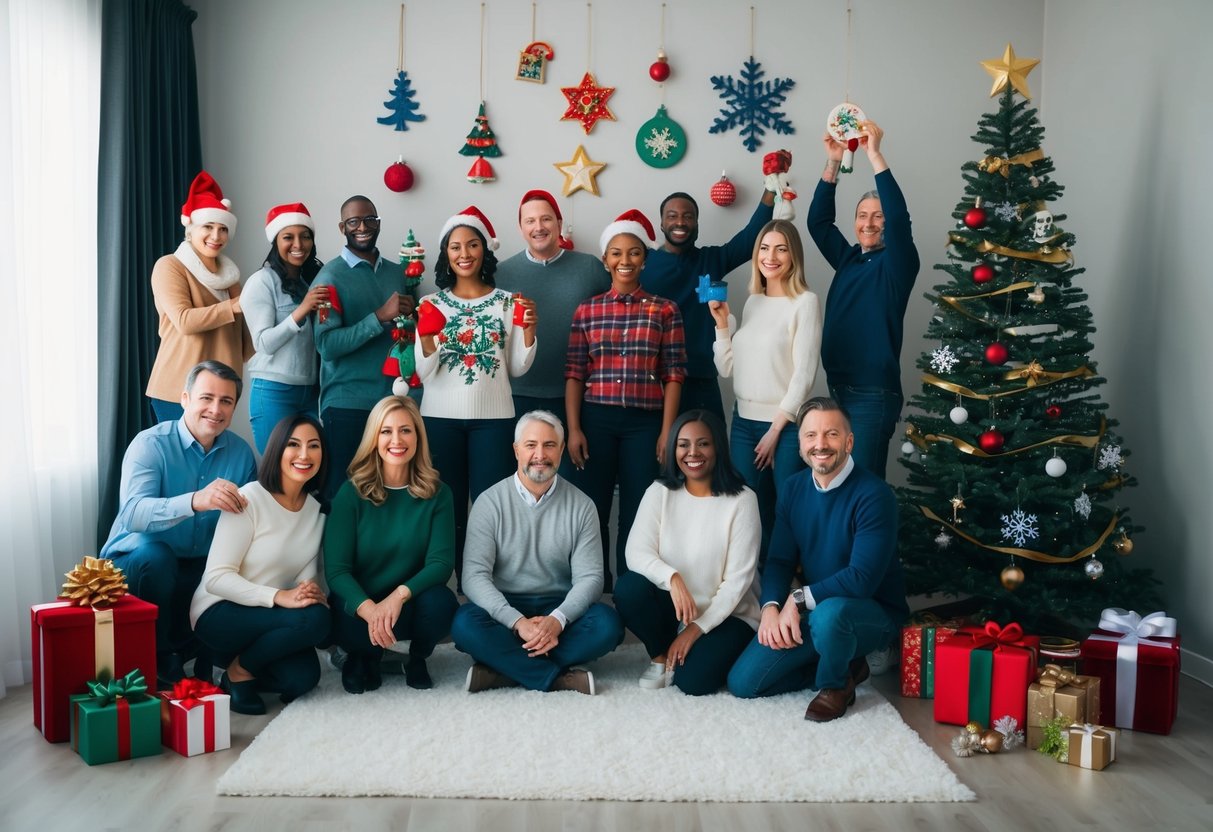 A diverse group of people decorating a room with various holiday symbols and decorations, including items from different cultural traditions