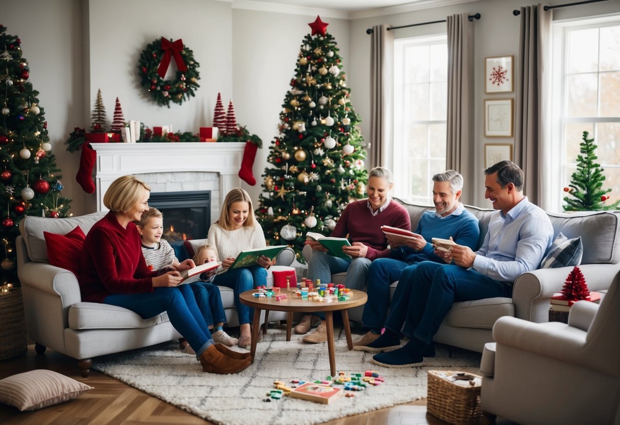 A family sits around a cozy living room, surrounded by holiday decorations. They engage in relaxing activities, like reading and playing games, creating a peaceful and stress-free atmosphere