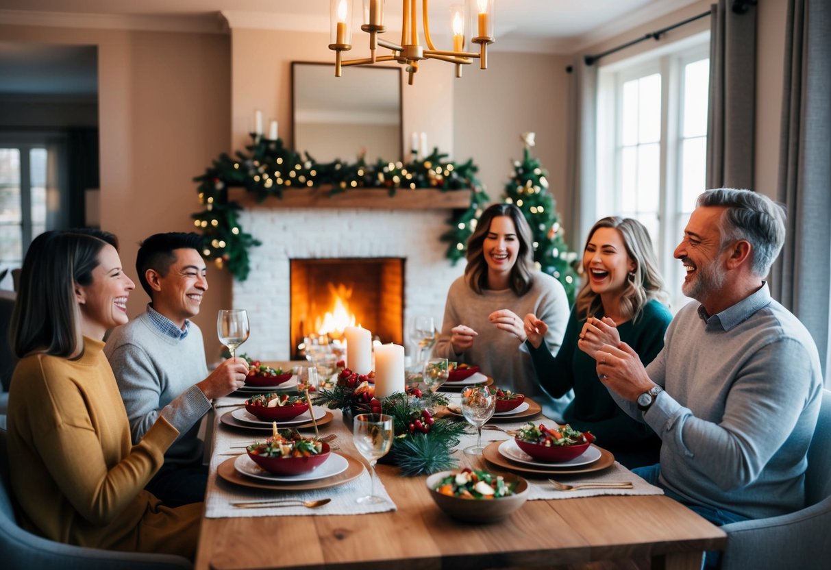 A cozy living room with a crackling fireplace, a large dining table set with festive dishes, and family members laughing and enjoying each other's company