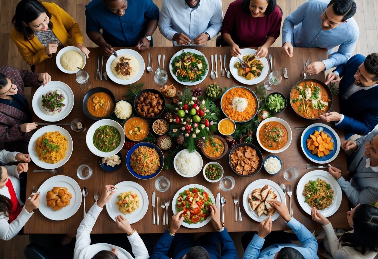 A diverse table spread with traditional holiday dishes from various cultures, surrounded by people of different backgrounds sharing a meal together in celebration