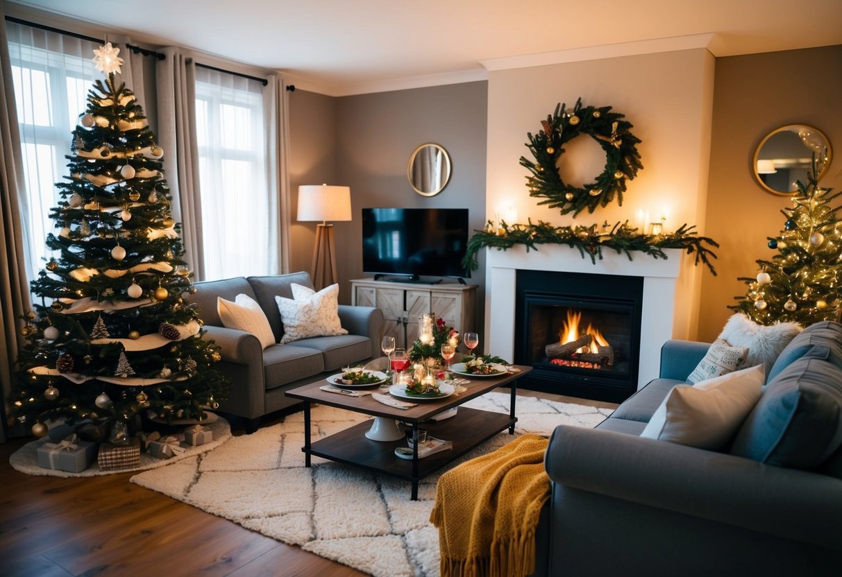 A cozy living room with a decorated Christmas tree, soft lighting, and comfortable seating. A table is set with festive dishes and drinks, and a warm fire crackles in the fireplace