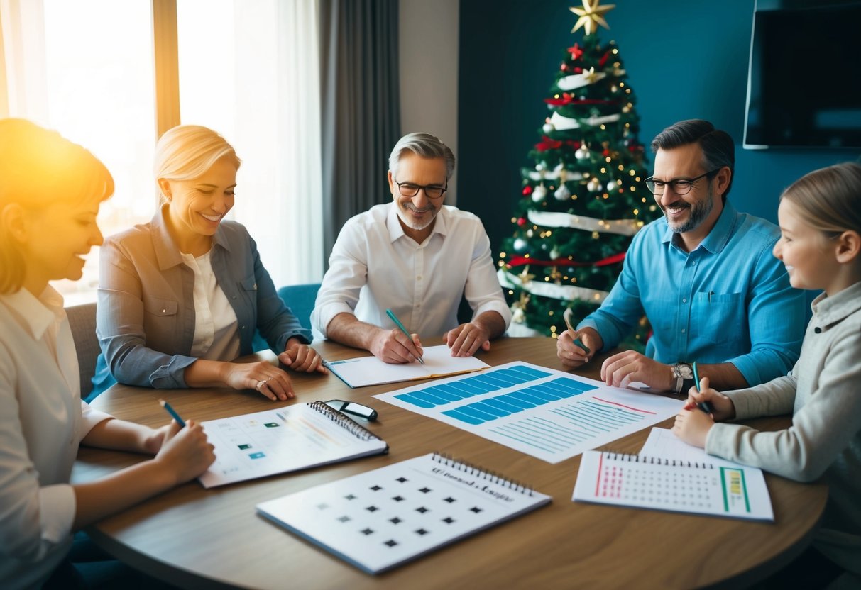 A family sits around a table, dividing holiday tasks. A calendar and list of strategies lay nearby. The atmosphere is relaxed and collaborative