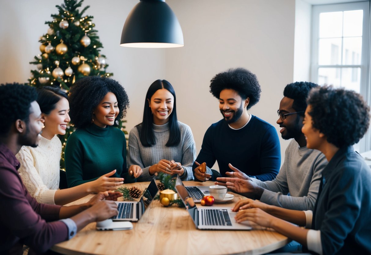 A group of people from different cultural backgrounds gather around a table, sharing holiday music and creating inclusive playlists