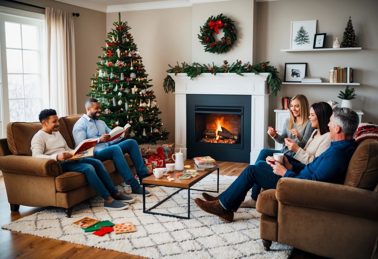 A cozy living room with a crackling fireplace, a festive holiday tree, and a family engaging in relaxing activities like reading, playing games, and enjoying hot cocoa together