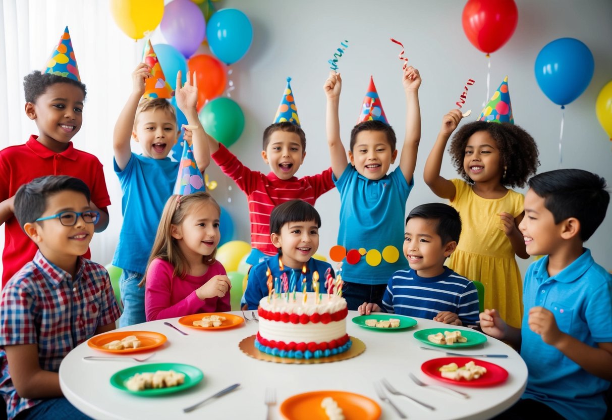 A diverse group of children celebrating a birthday with inclusive activities and accommodations for all abilities