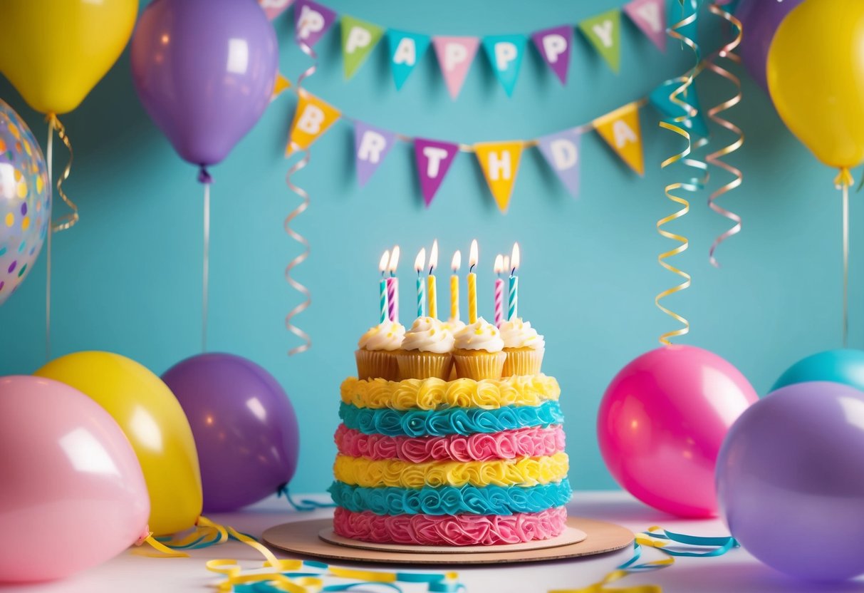 A colorful and inviting birthday party scene with soft, non-flashing lights, quiet music, and tactile decorations like balloons and streamers