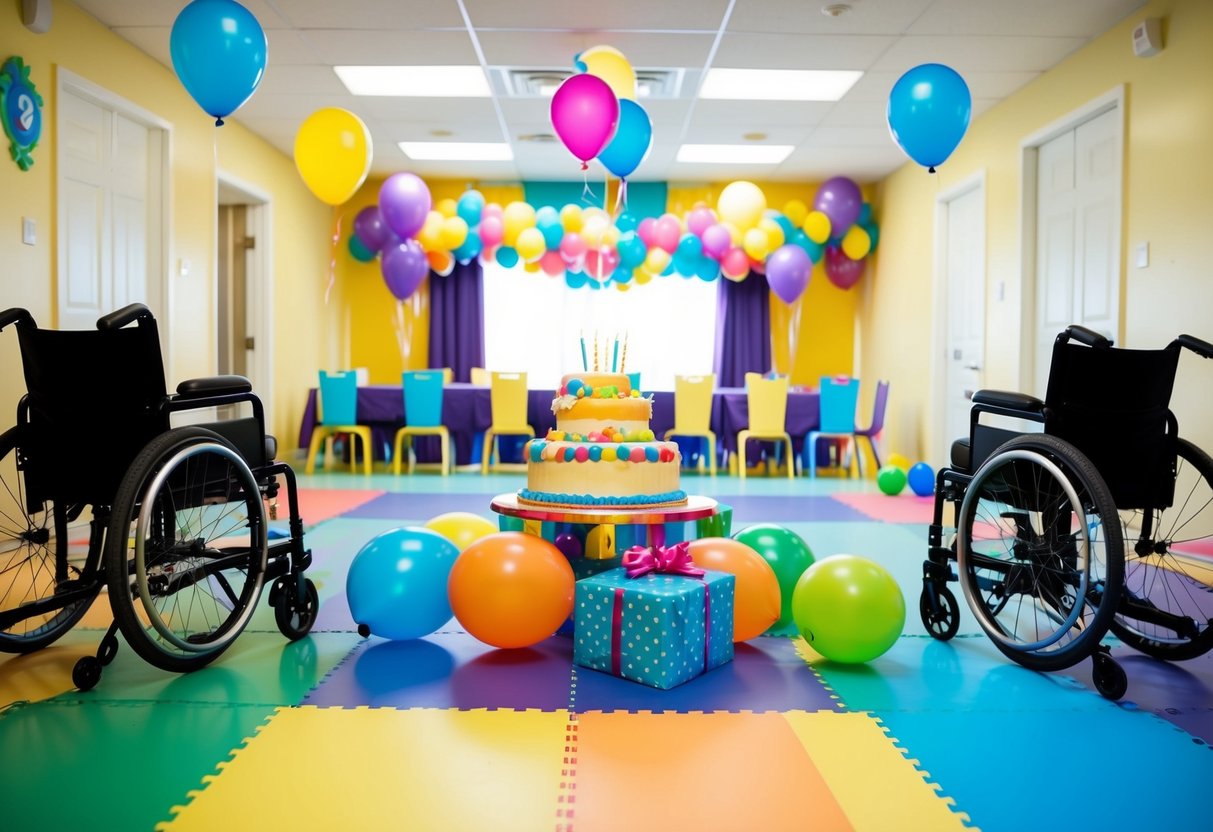 A colorful birthday party venue with ramps, wide doorways, and accessible seating. Balloons, presents, and a birthday cake are all within reach for children in wheelchairs