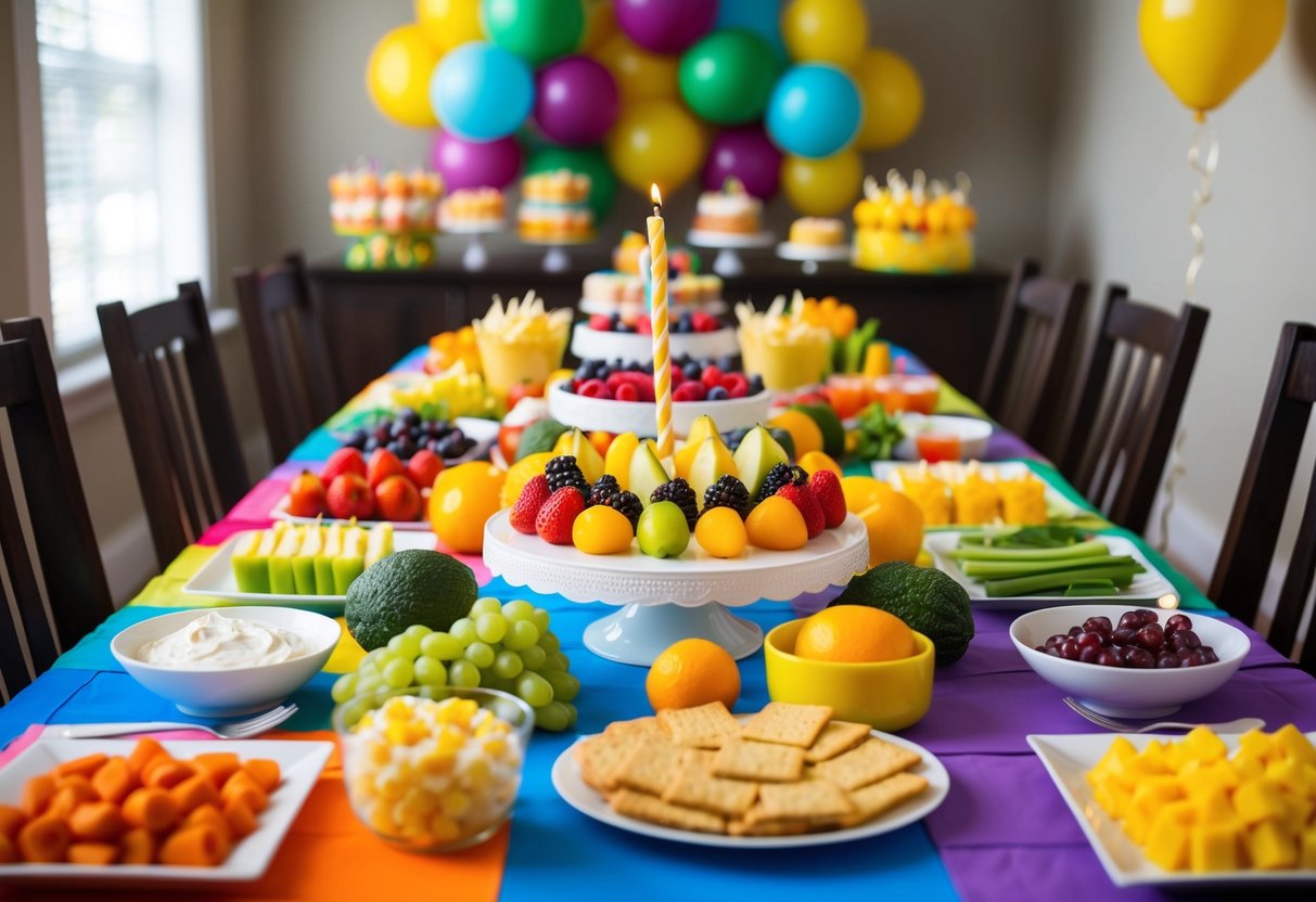 A colorful birthday party table with a variety of allergy-conscious food options, including fruits, vegetables, and allergen-free treats