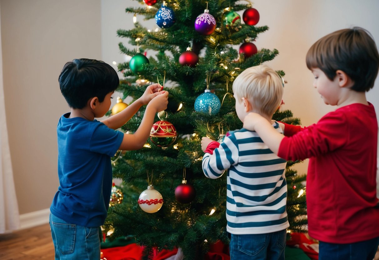 Children with special needs decorating a holiday tree with adaptive ornaments and sensory-friendly lights