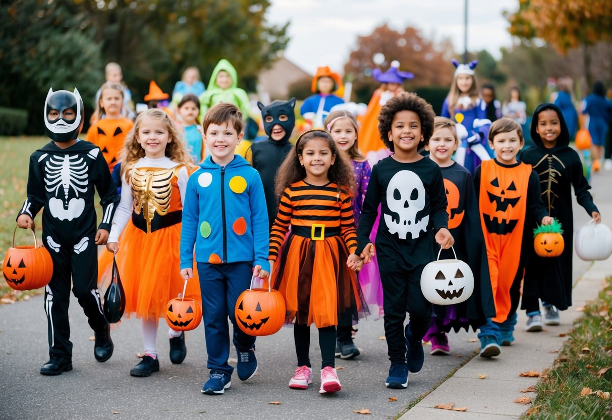 A diverse group of children in costumes trick-or-treating together, with a mix of traditional and non-traditional Halloween activities