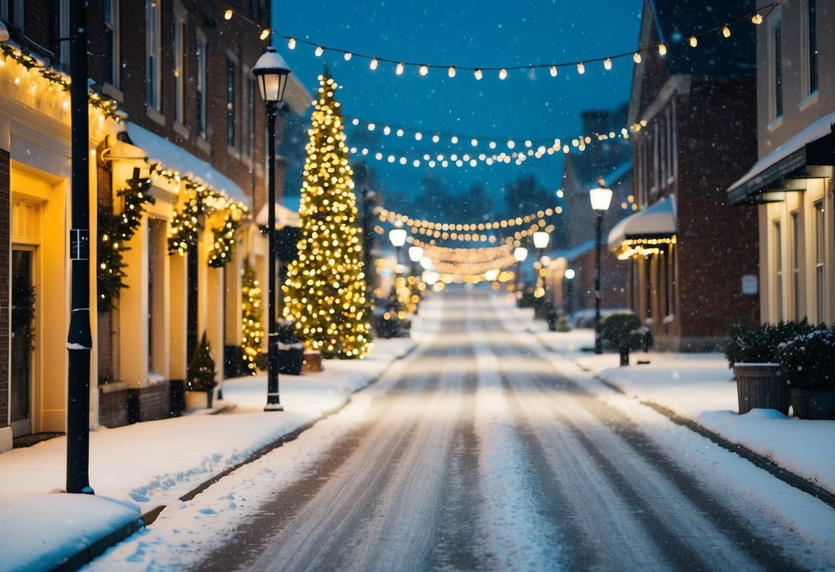 A quiet street with softly glowing holiday lights, a gentle snowfall, and a cozy, welcoming atmosphere