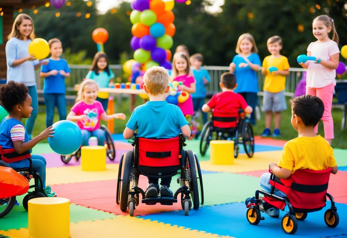 Children of diverse abilities playing inclusive party games in a colorful, accessible outdoor setting. A variety of games and activities are available for all children to participate and enjoy