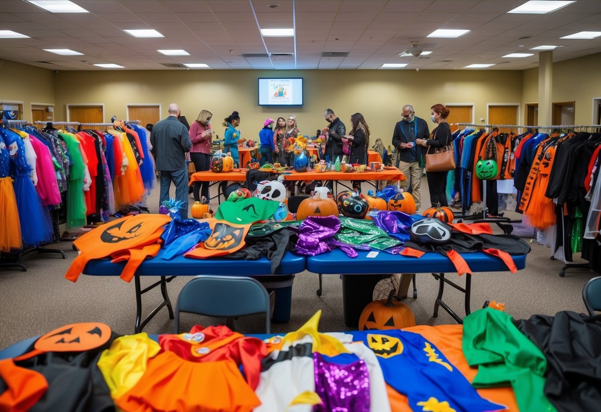 A colorful array of costumes spread out on tables in a community center, with families browsing and exchanging different outfits for Halloween