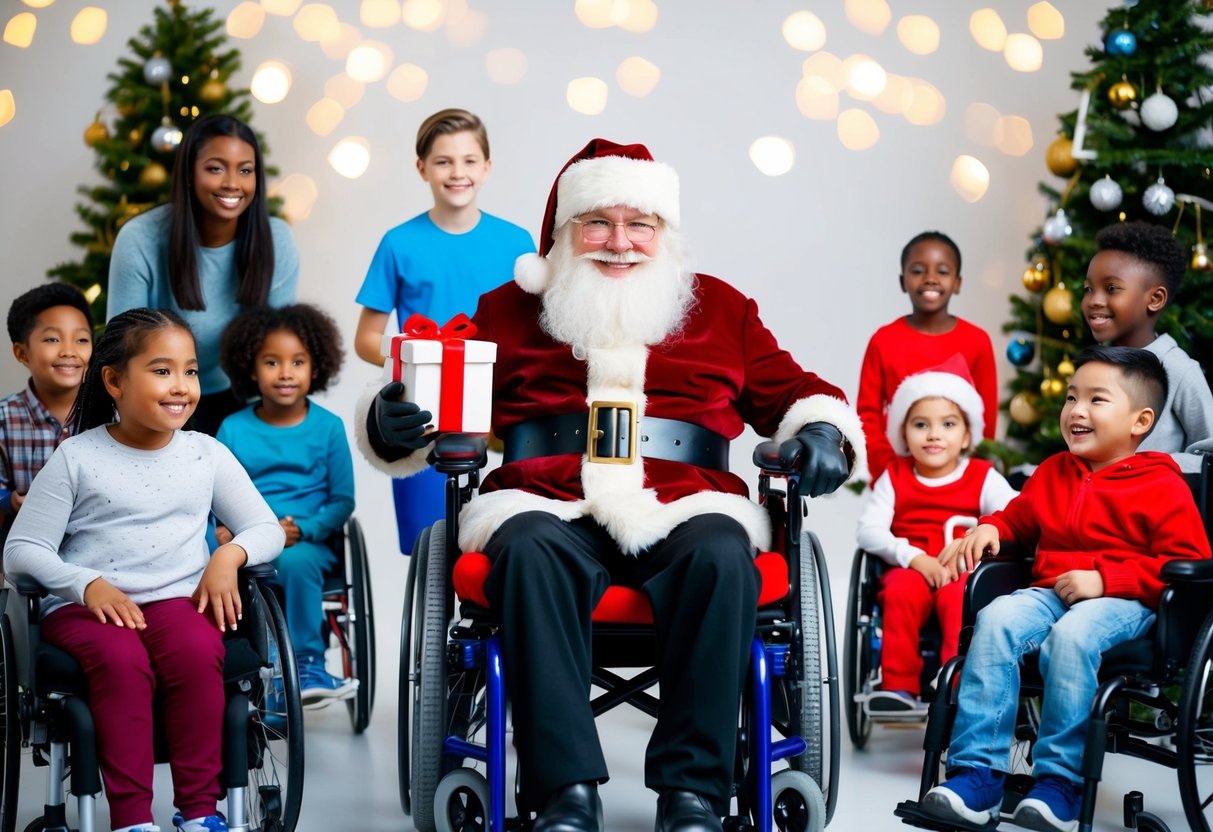 A smiling Santa holds a gift while sitting in a wheelchair-accessible sleigh surrounded by diverse children with special needs