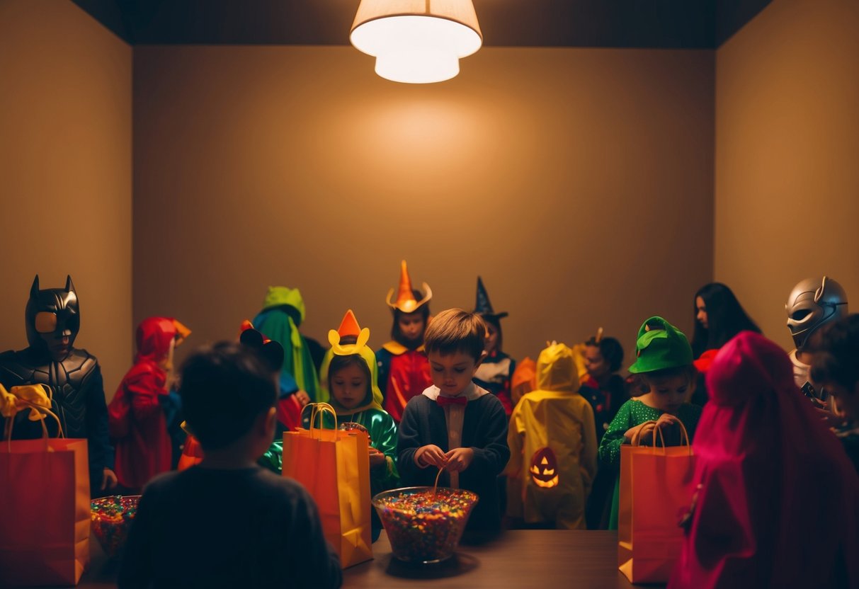 A dimly lit room with soft, warm lighting. No loud noises, just the gentle rustle of costumes and the occasional sound of candy being placed into bags