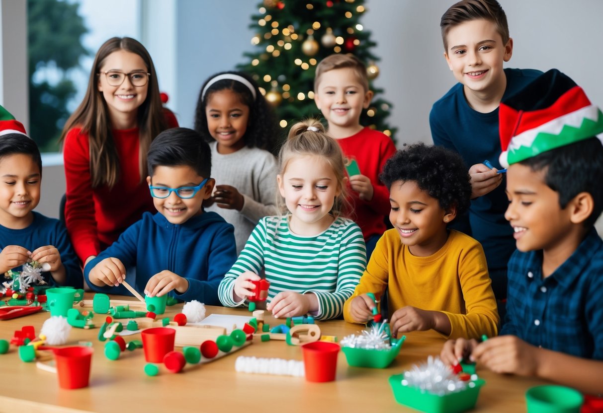 A group of children of various abilities and backgrounds happily creating holiday crafts together, using adaptive tools and inclusive materials