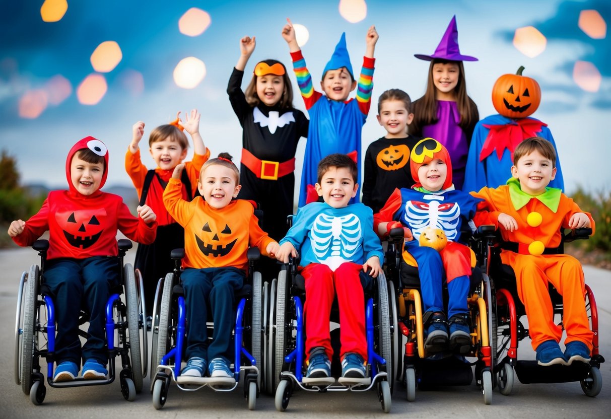 A group of children in adaptive costumes, some with wheelchairs and others with mobility devices, enjoying a Halloween celebration together