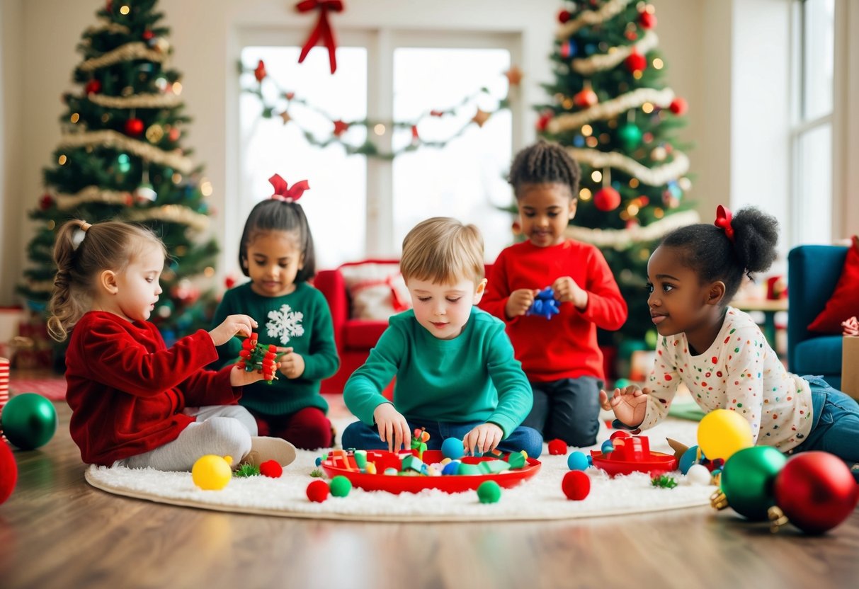 A serene holiday scene with children of varying abilities engaging in sensory-friendly activities amidst festive decorations