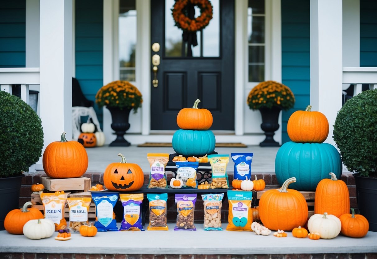 A front porch with a teal pumpkin and a variety of non-food treats displayed for inclusive Halloween celebrations