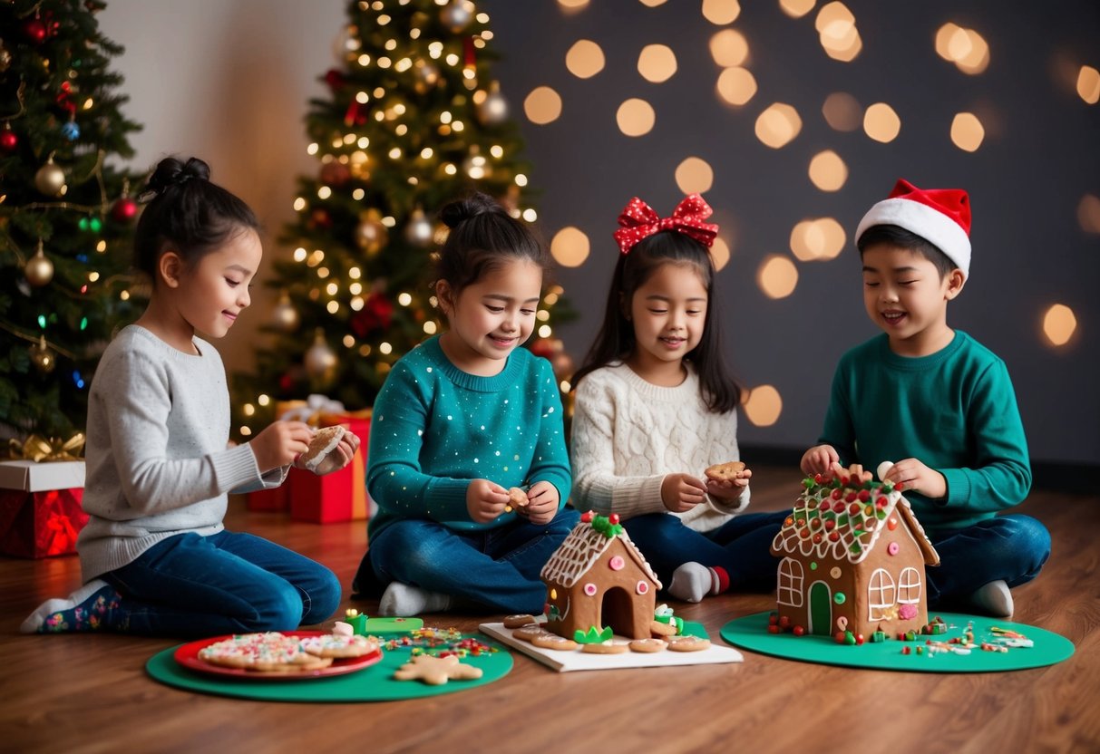 Children with disabilities participate in holiday traditions: a sensory-friendly light display, accessible gingerbread house-making, and inclusive holiday crafts