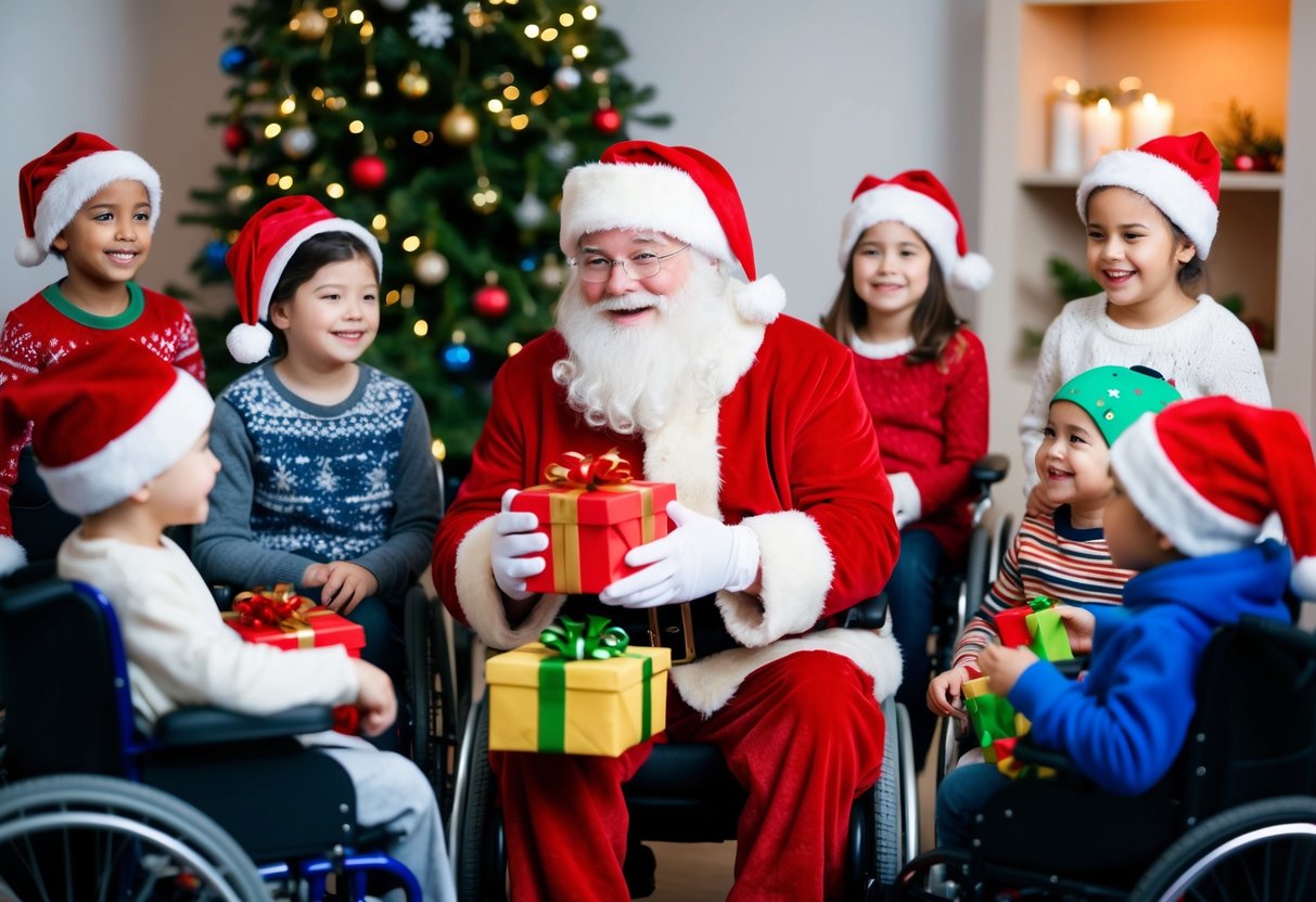 Santa delivering gifts to a diverse group of children, some in wheelchairs, others with sensory aids, all smiling and enjoying the holiday spirit