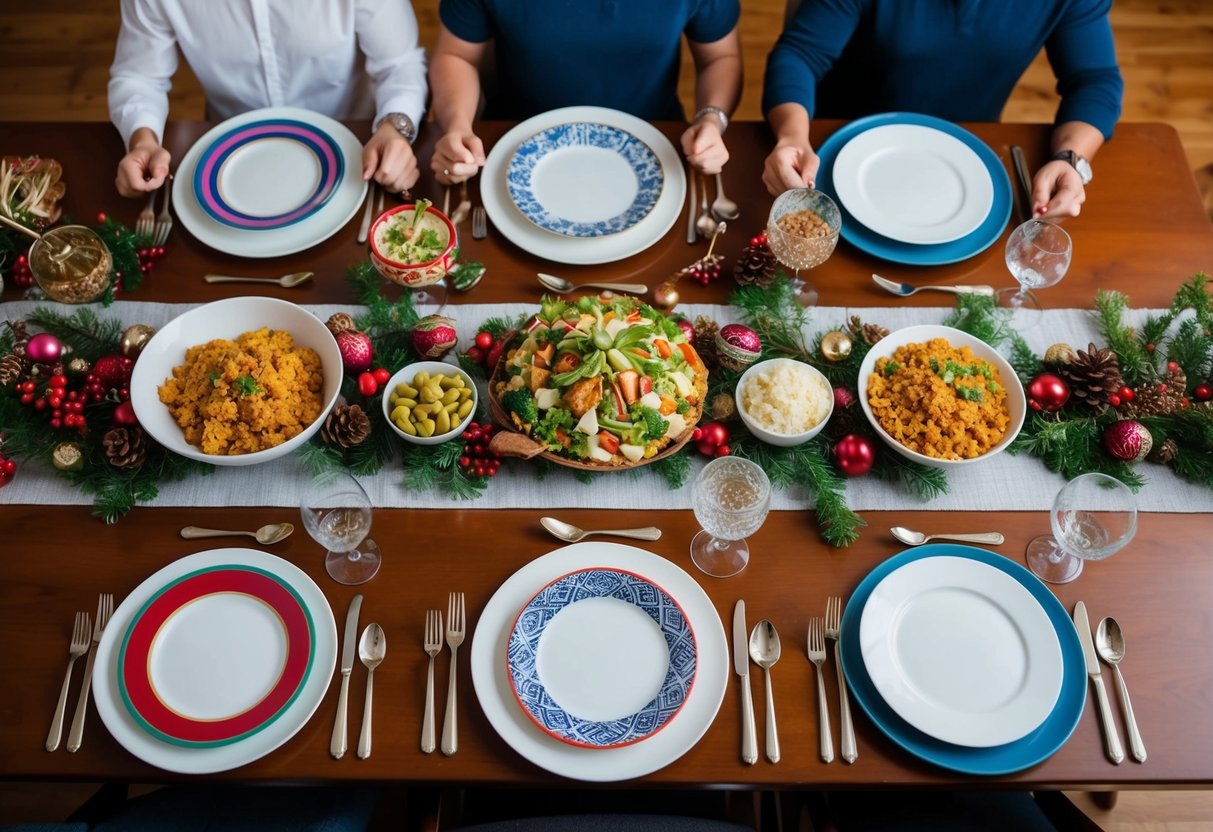 A festive dinner table with diverse place settings, representing different family members. Decorations and food items reflect various cultural traditions