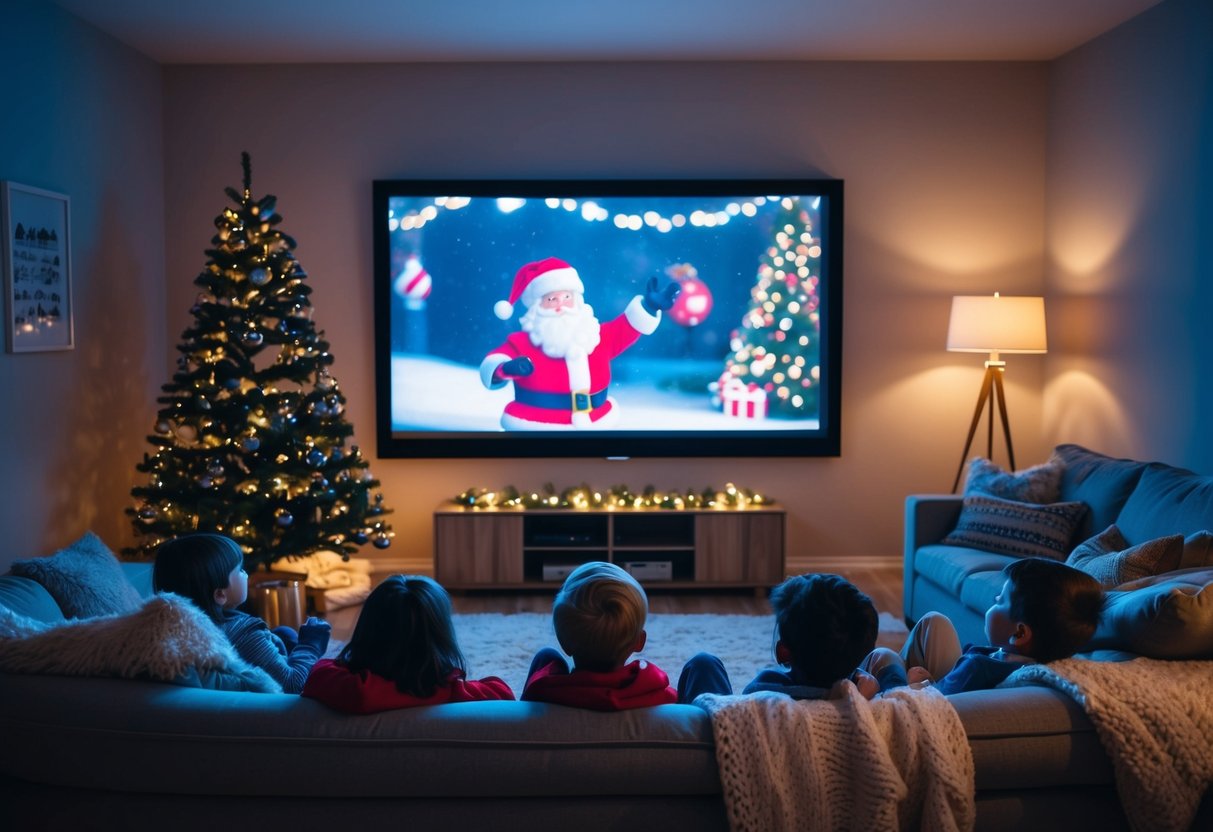 A cozy living room with a big screen showing a holiday movie, surrounded by soft blankets, dim lighting, and comfortable seating for children with disabilities