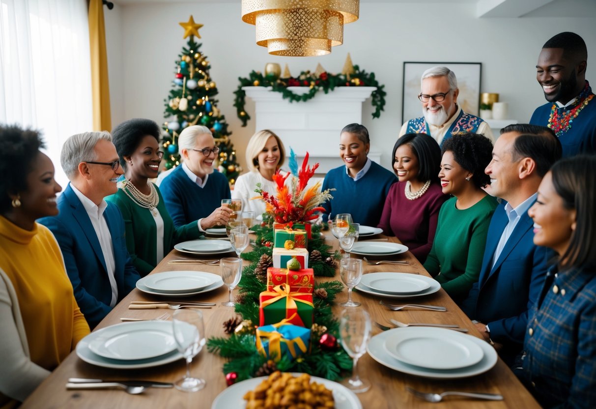 A diverse group gathers around a festive table, blending different cultural and family traditions. Decorations from various backgrounds adorn the space, symbolizing unity and harmony