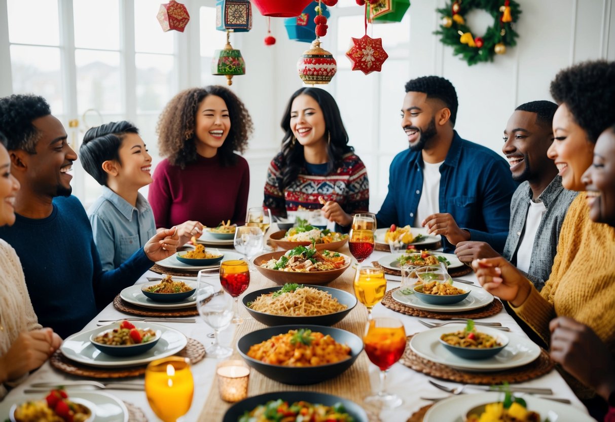 A festive table set with a mix of cultural decorations and dishes from different traditions, surrounded by a diverse group of family members laughing and enjoying each other's company