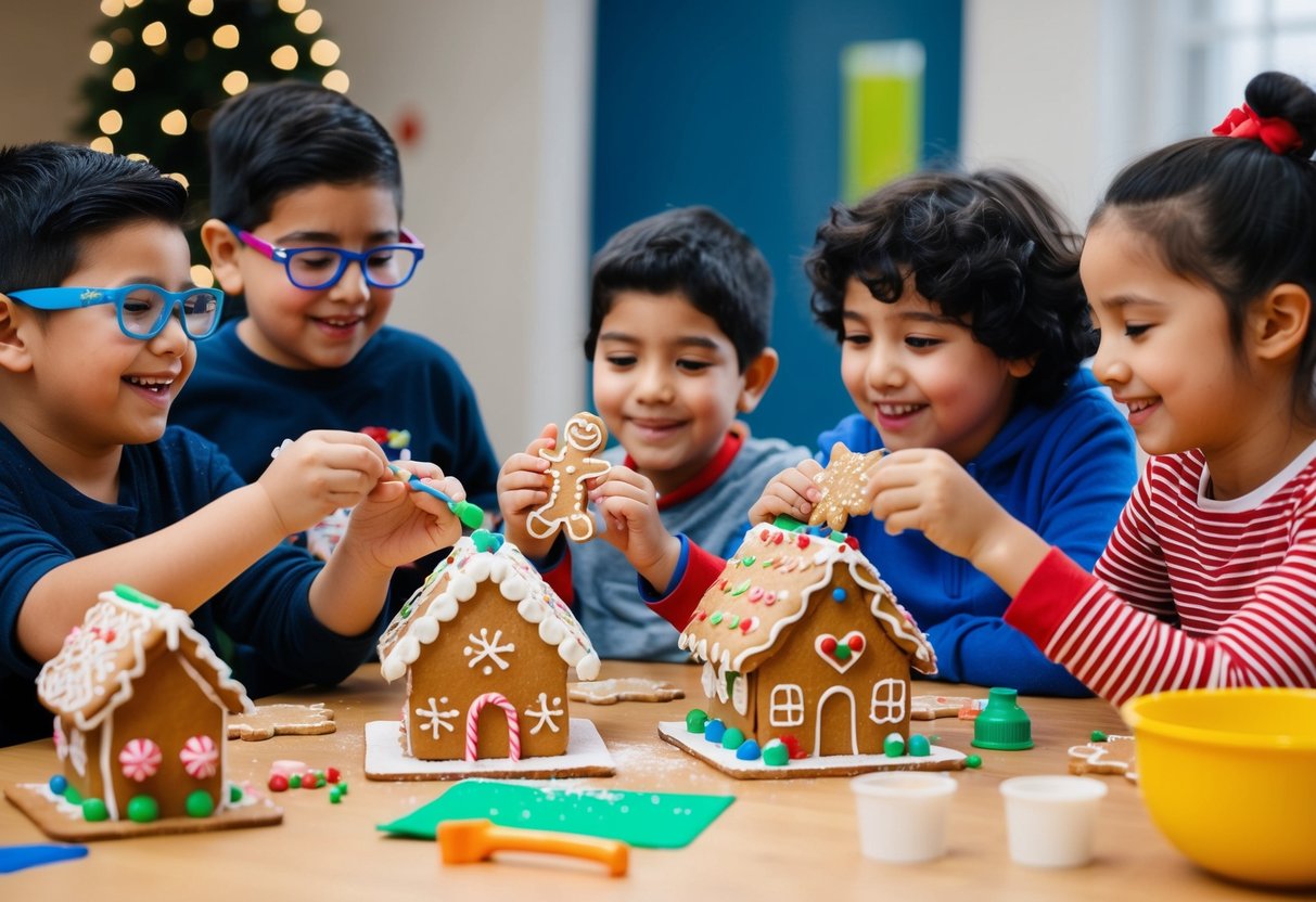 A group of children with various disabilities happily decorating gingerbread houses together, using adaptive tools and materials