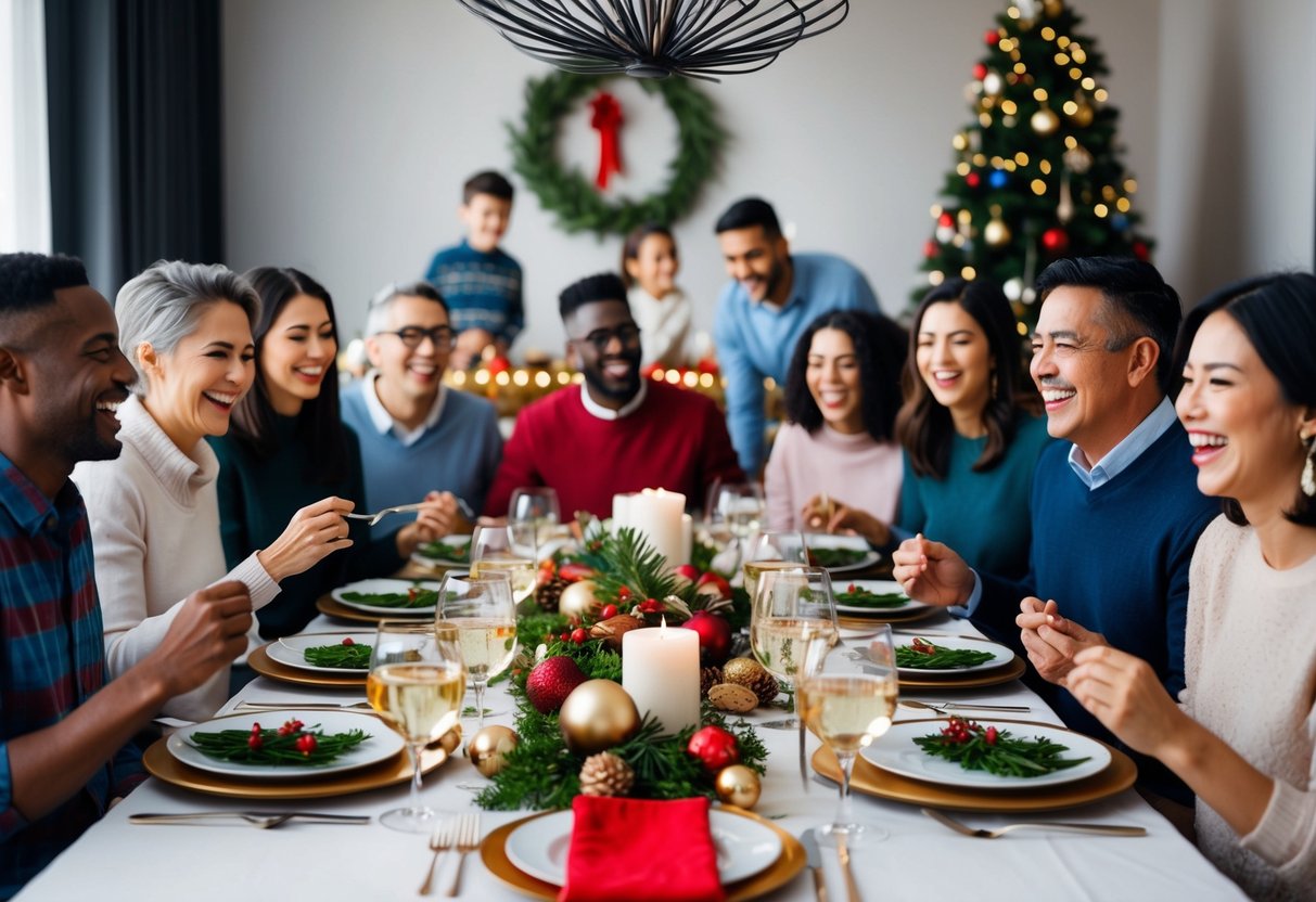 A festive dining table set with a mix of traditional and modern decorations, surrounded by a diverse group of family members laughing and enjoying a meal together