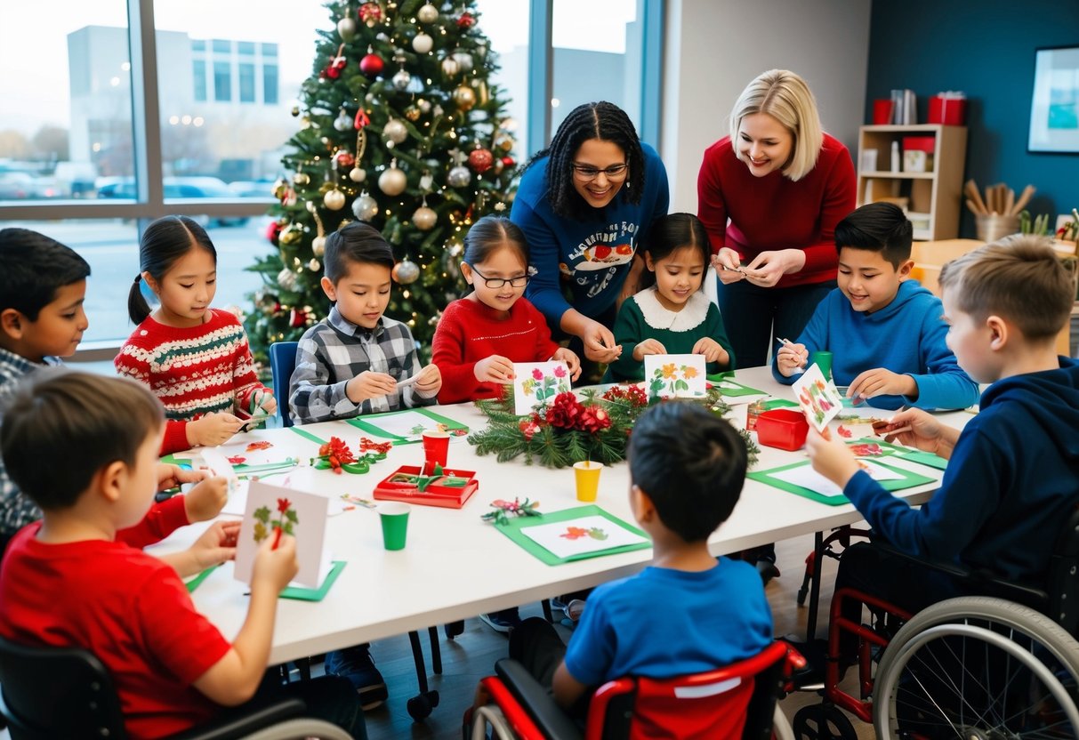 A diverse group of children with disabilities and their families gather around a table, creating holiday cards with adaptive tools and materials