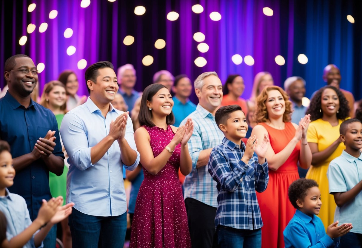 A diverse family talent show with singing, dancing, comedy, and more. Smiling faces and supportive applause fill the room