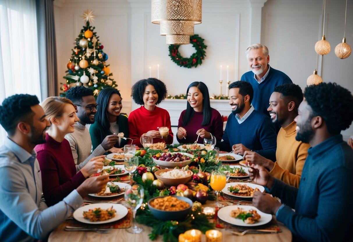 A diverse group gathered around a festive table, sharing food and laughter. Decorations from multiple traditions blend harmoniously