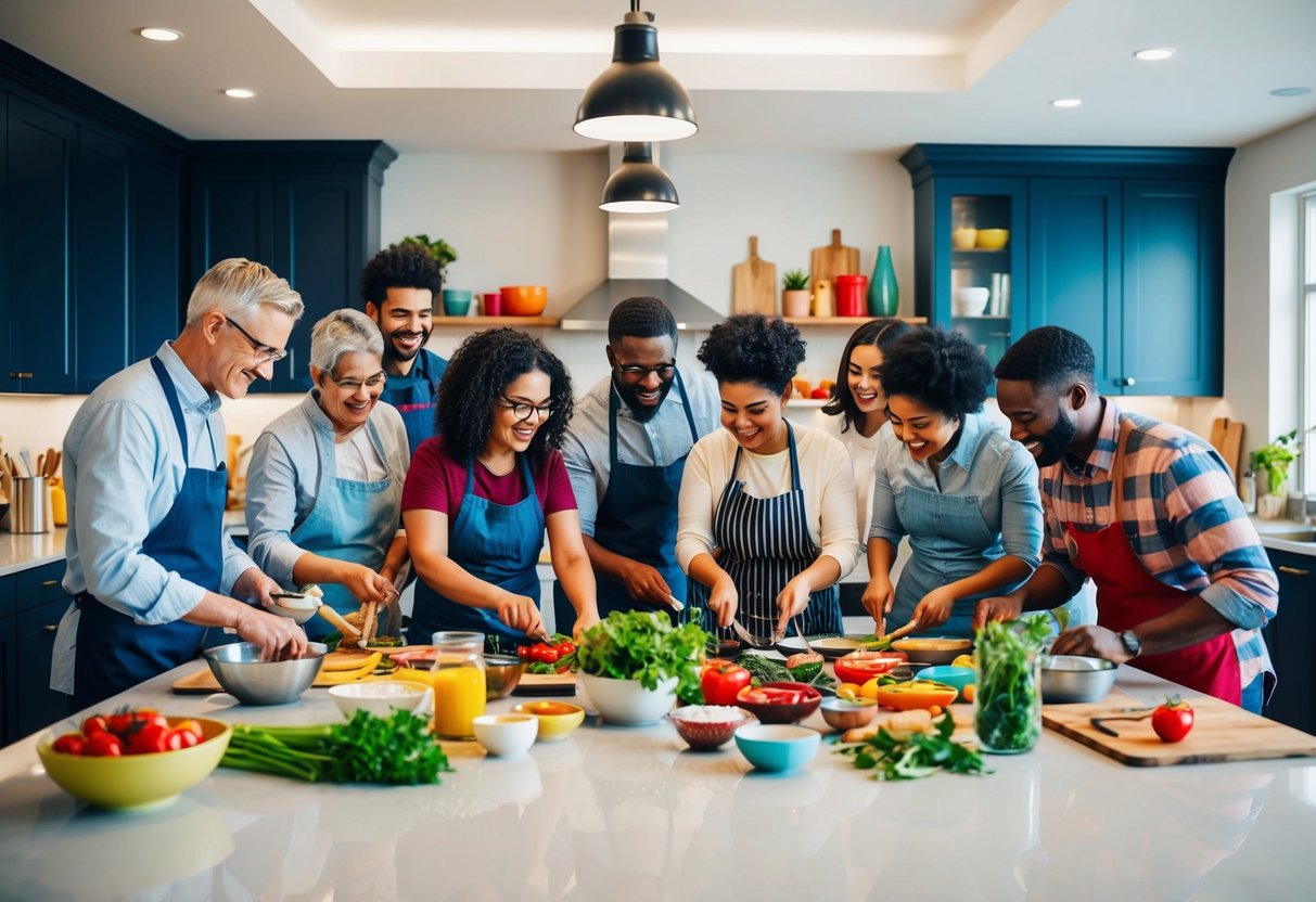 A diverse group of people of different ages and backgrounds cooking together in a spacious, well-lit kitchen, surrounded by colorful ingredients and cooking utensils