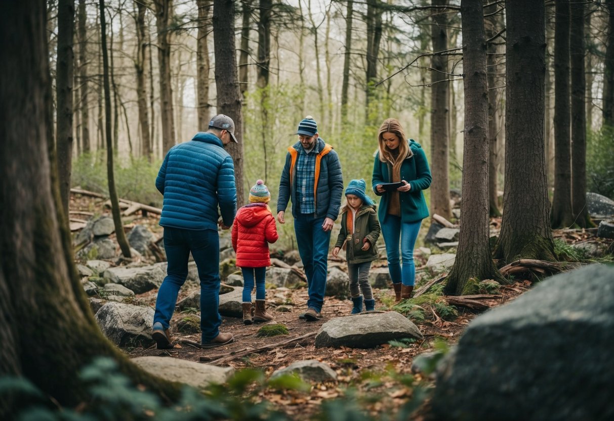 A family explores a forest, searching for items on a scavenger hunt list. Trees, rocks, and wildlife are scattered throughout the scene