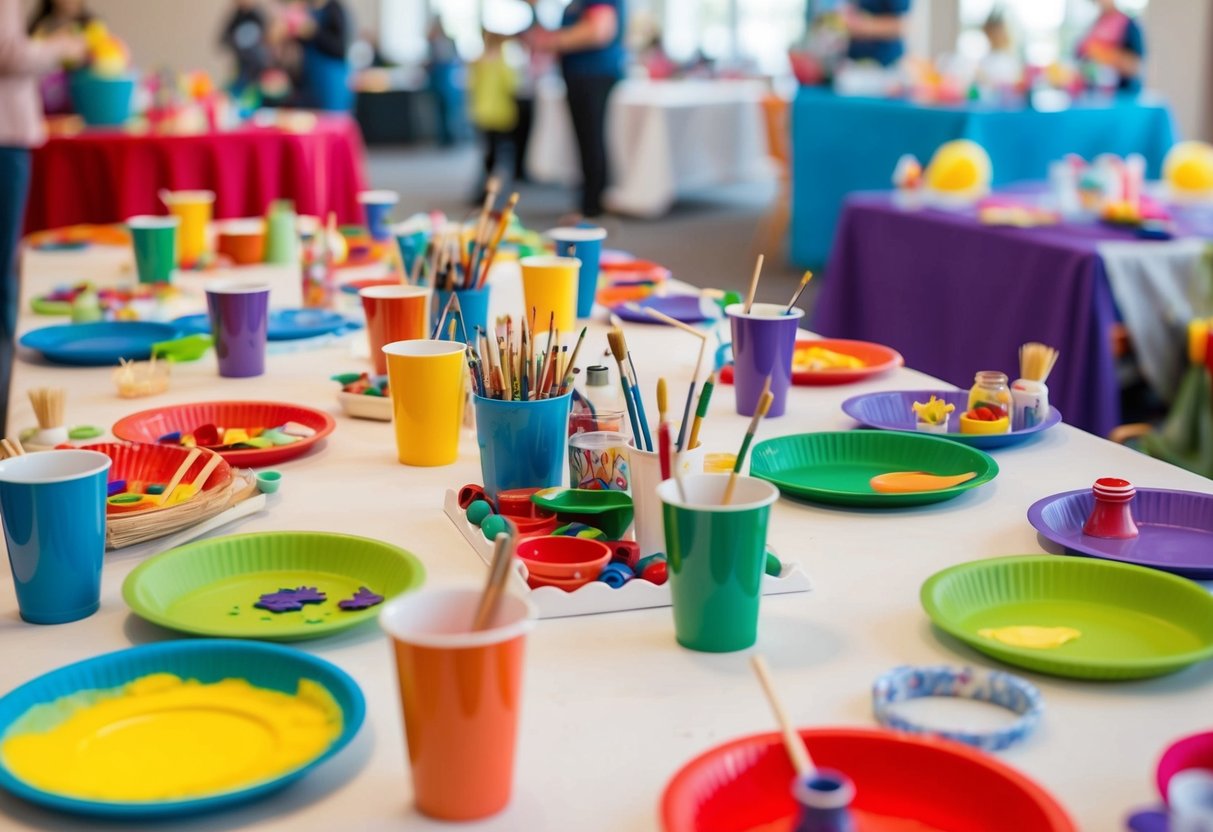 A colorful array of DIY craft stations set up for family celebrations. Tables filled with supplies for inclusive activities like painting, sculpting, and decorating