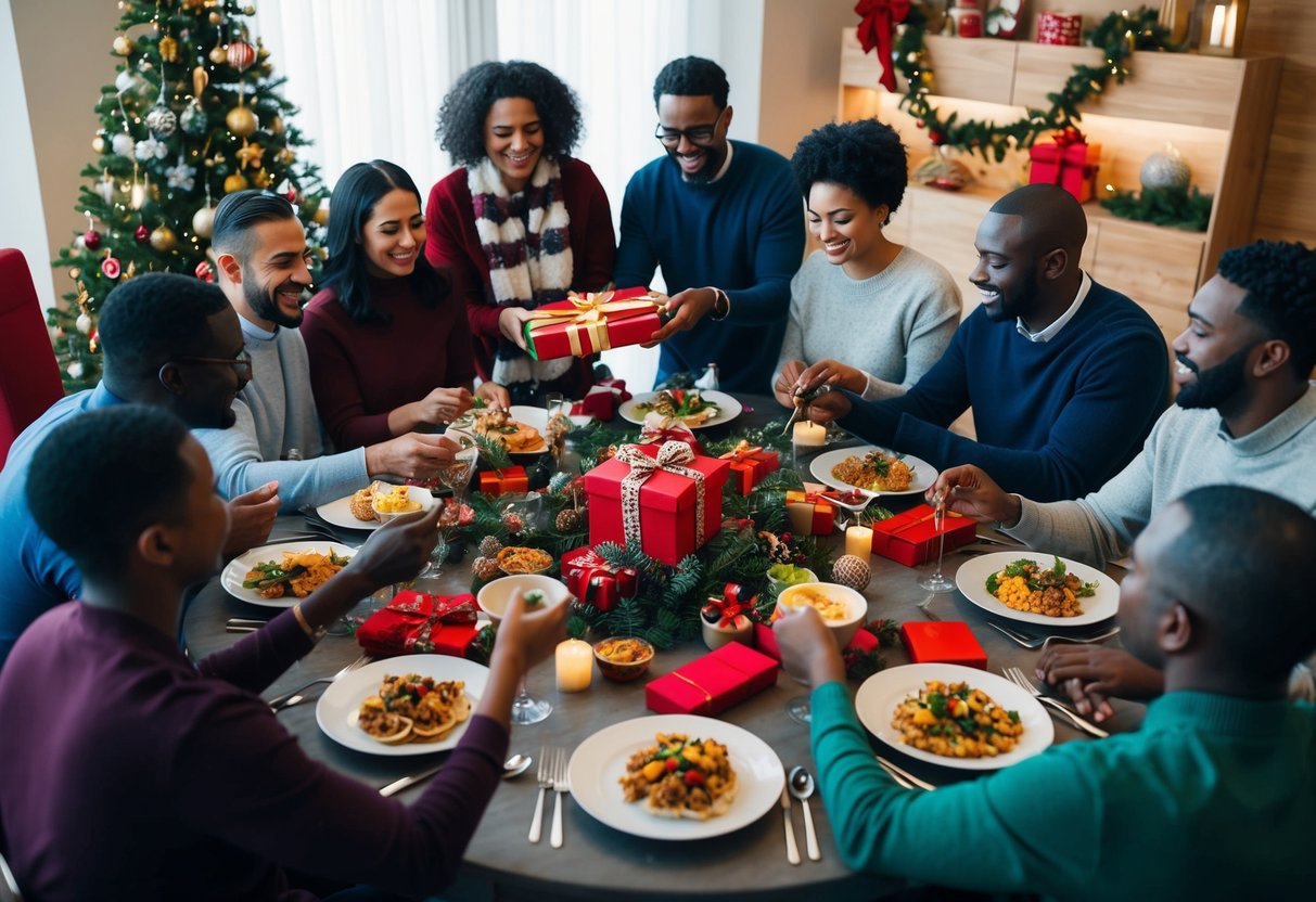 A diverse group gathered around a festive table, sharing food and exchanging gifts. Decorations reflect a variety of cultural traditions, creating a welcoming and inclusive atmosphere