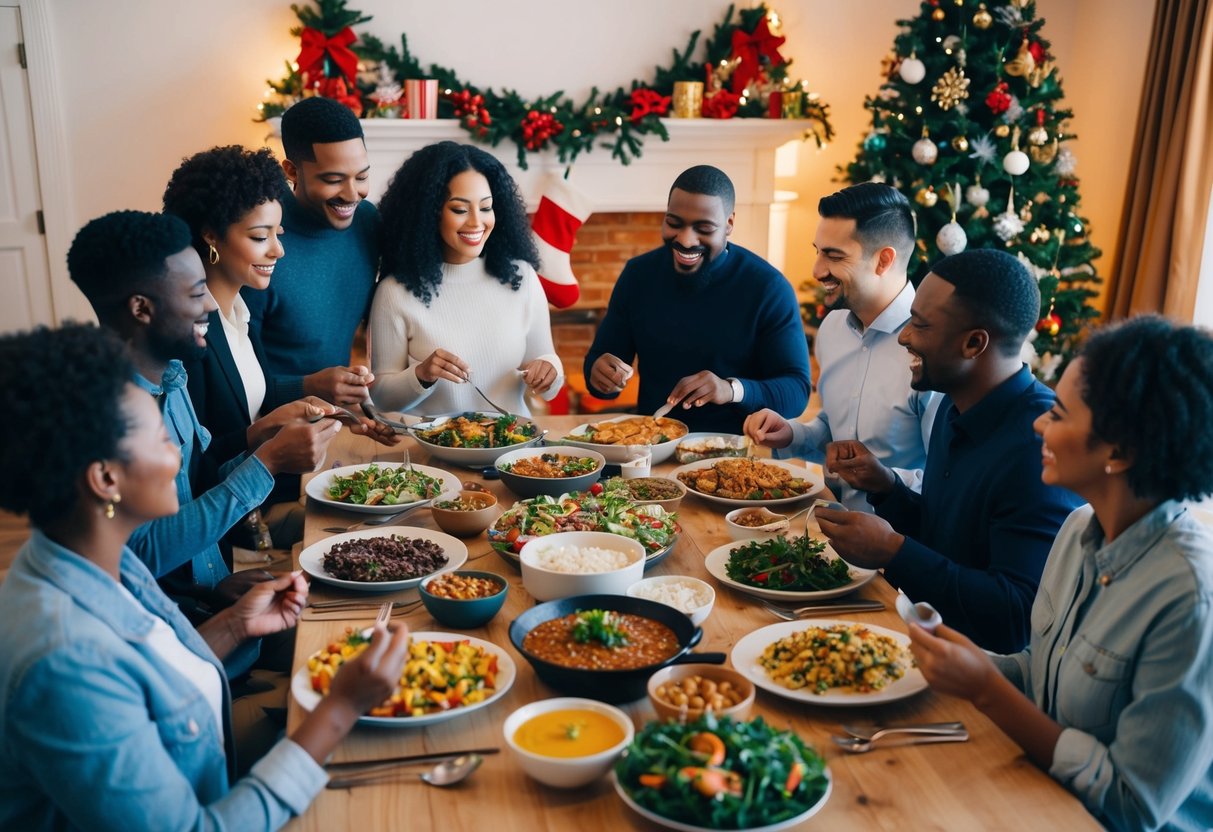 A diverse group of people gather around a table filled with dishes from different cultures, sharing food and smiling. The room is decorated with festive holiday decorations, creating a warm and welcoming atmosphere