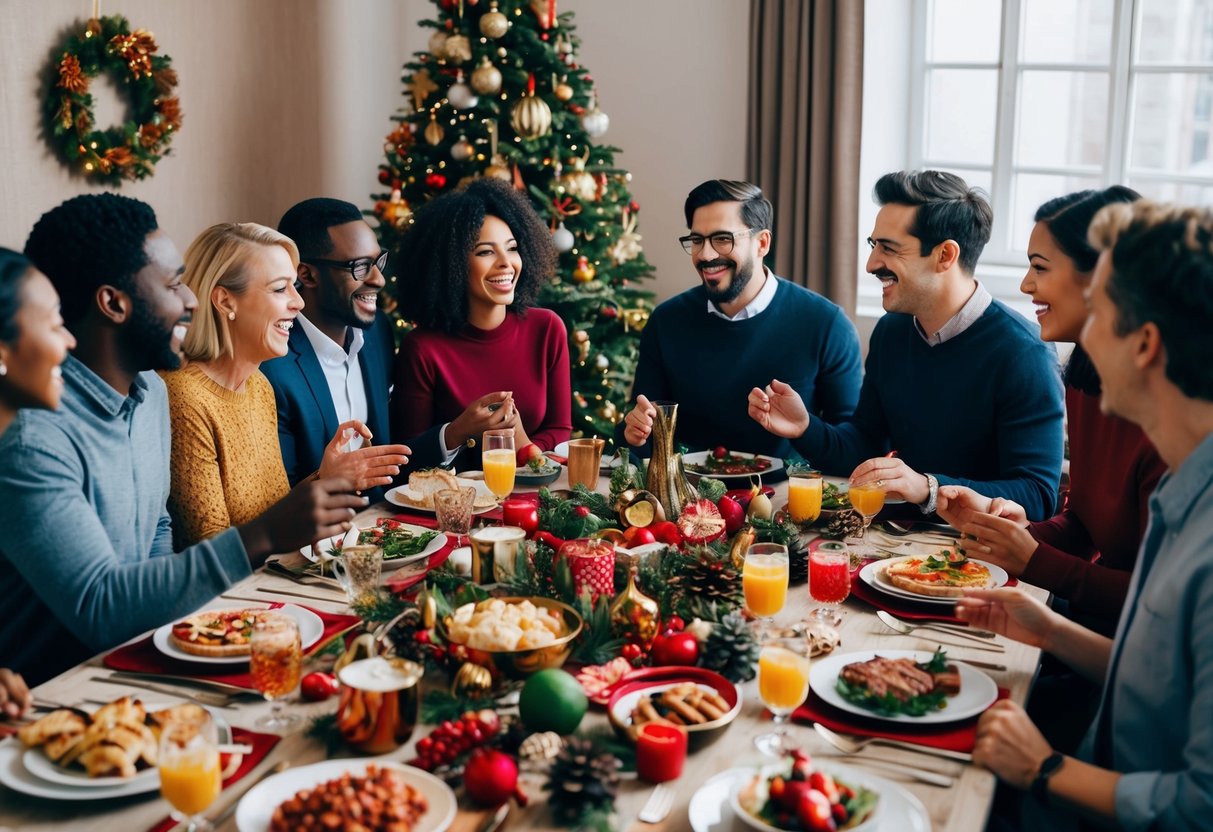 A diverse group of people of different ages, genders, and ethnicities gather around a table filled with various holiday decorations and foods, engaging in joyful conversation and laughter