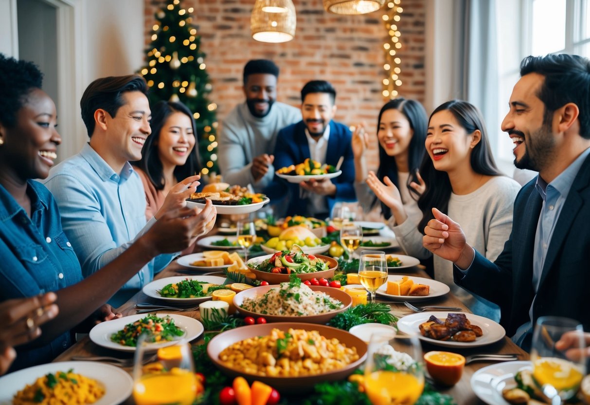 A festive table set with dishes from different cultures, surrounded by people of diverse backgrounds sharing laughter and joy