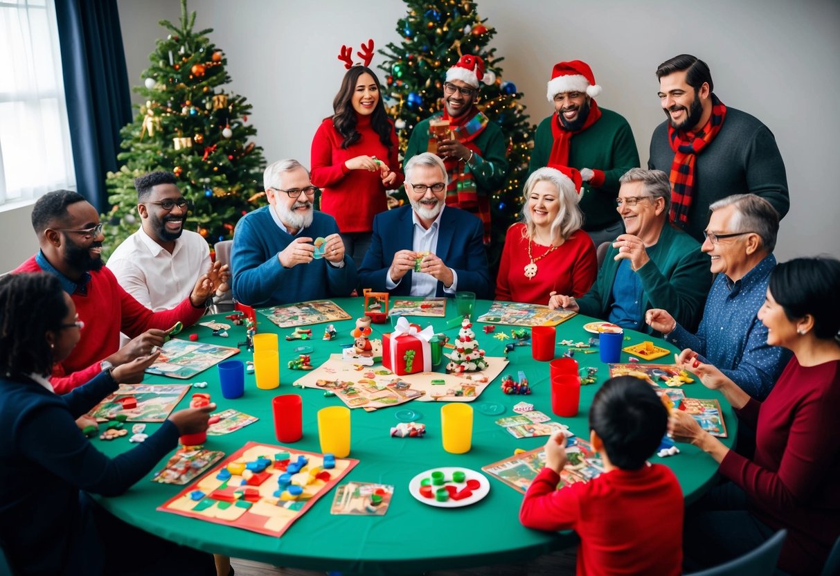 A festive table set with various games, crafts, and activities, surrounded by diverse characters of different ages and abilities enjoying the inclusive holiday celebration