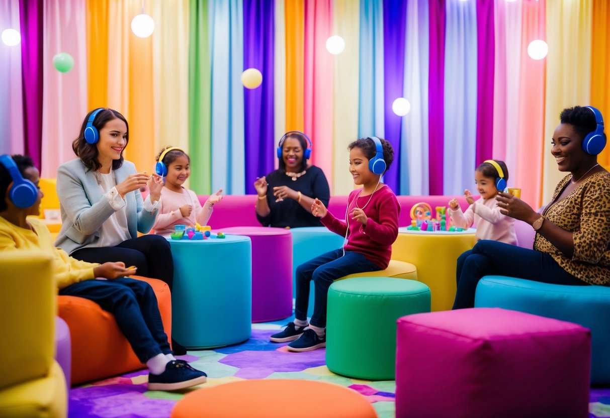 A colorful and vibrant party setting with soft lighting, comfortable seating, noise-canceling headphones, and a variety of tactile and sensory-friendly activities for all to enjoy