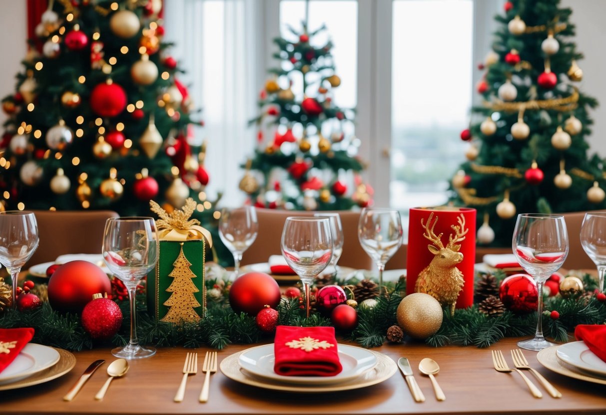 A table set with diverse holiday decorations, representing different cultural traditions