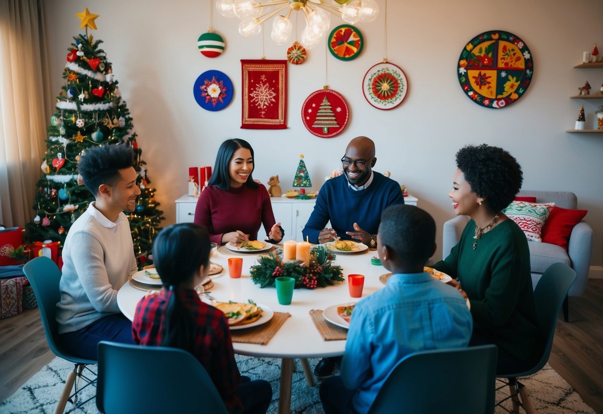 A diverse family sits around a table, sharing cultural stories and traditions from different holidays. Decorations and symbols from various cultures are displayed around the room