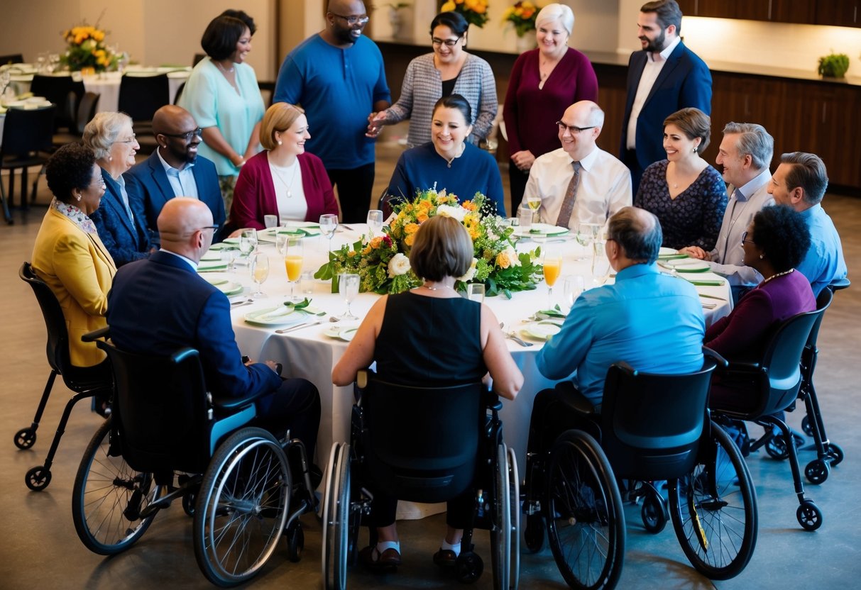 A diverse group of people of different ages, genders, and abilities gather around a table set with a variety of accessible accommodations for a special occasion