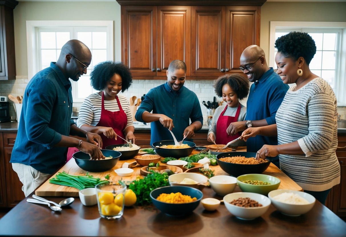 A diverse family gathers around a kitchen island, cooking traditional meals together. Different ingredients and cooking utensils are spread out as they work together to prepare a holiday feast