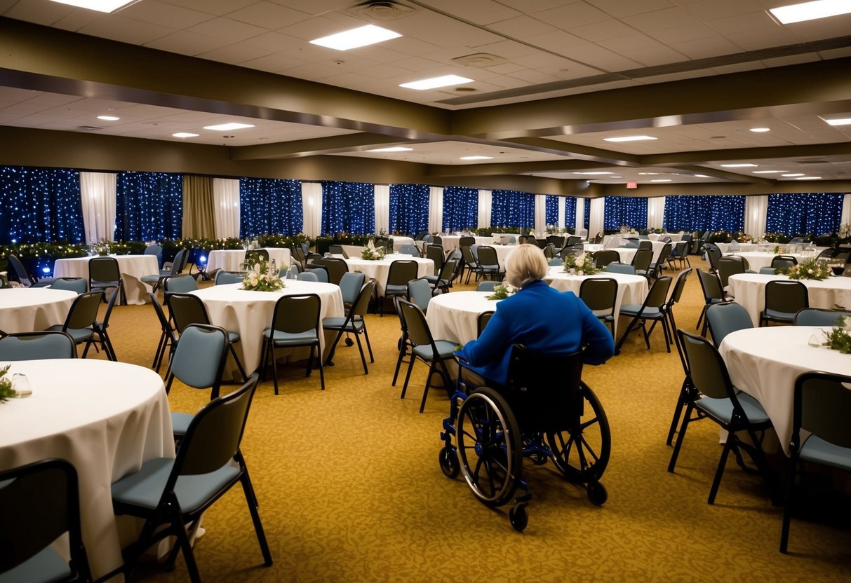 A festive event with various seating options, including wheelchair-accessible areas and space for mobility aids. Tables and chairs are arranged to accommodate different needs