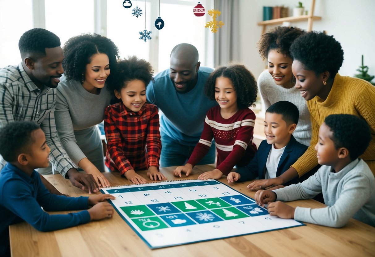 A diverse family gathers around a holiday calendar, incorporating traditions from different cultures. Symbols of various holidays are displayed, representing unity and inclusivity