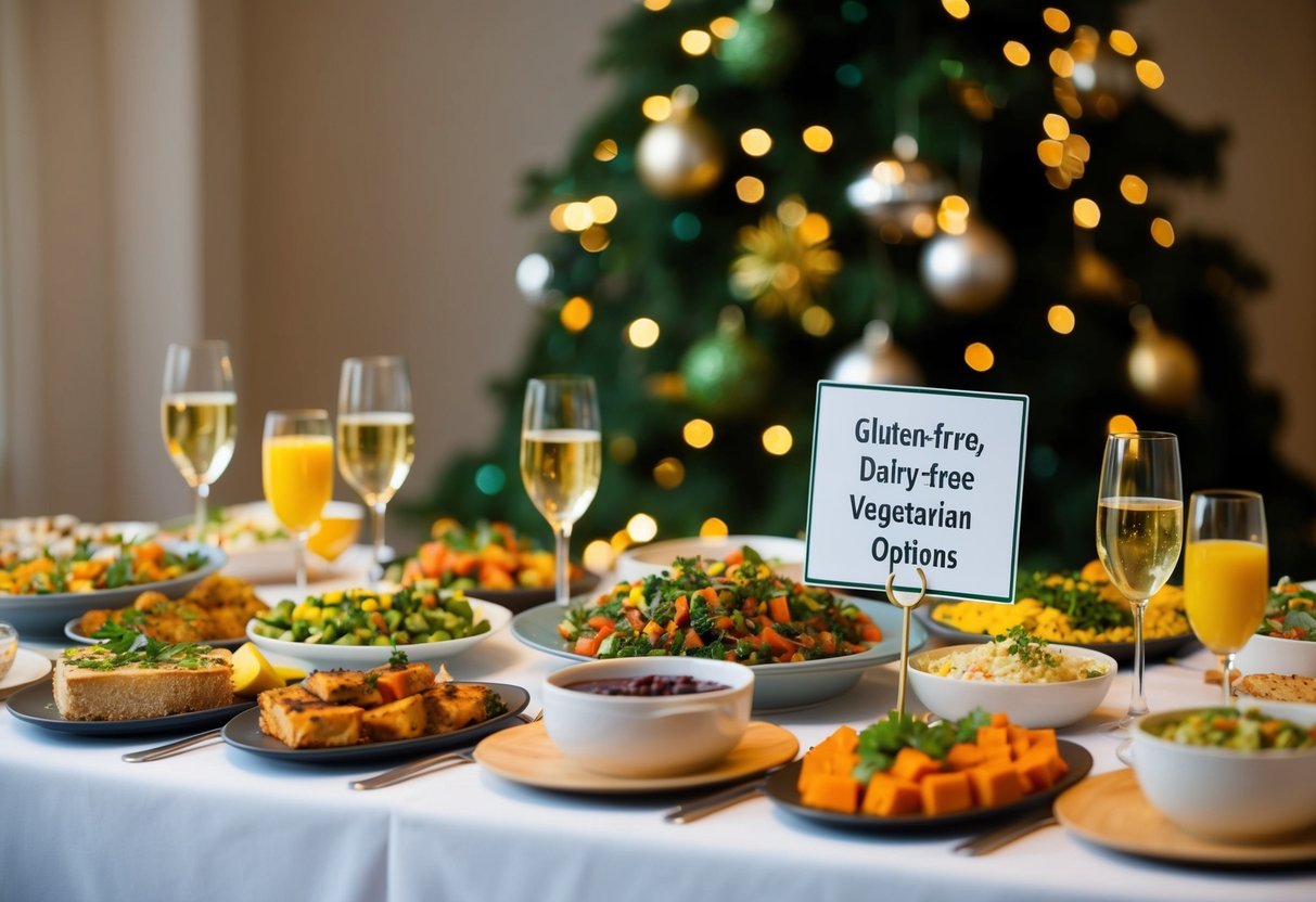 A festive table with a variety of dishes, including gluten-free, dairy-free, and vegetarian options. A sign indicates the availability of allergen-free options